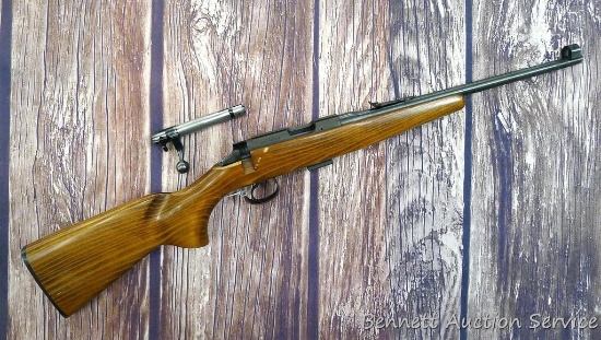 CZ Model 452 ZKM Scout youth model .22 bolt action rifle with single shot adapter. Rifle has a 12"