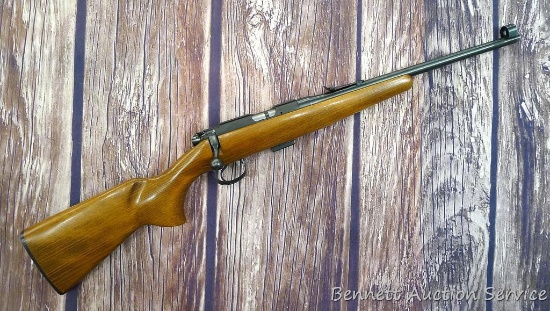 CZ Model 452 ZKM Scout youth model .22 bolt action rifle with single shot adapter. Rifle has a 12"