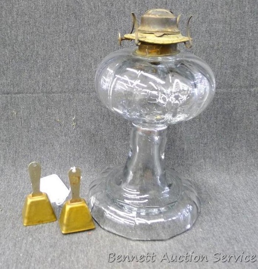 Two handbells, 3-1/4"; oil lamp is 10-1/2" tall, glass is good, metal is a little beat up.