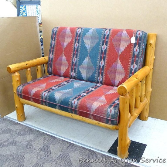 Wonderful log furniture love seat has nice cushions and is about 55" x 36" x 40". Looks to be in