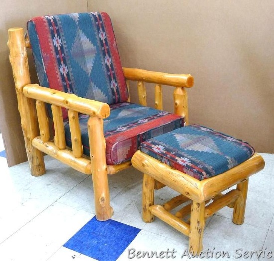 Nice log furniture arm chair and footstool looks comfortable. Chair is approx 32" x 36" x 41".