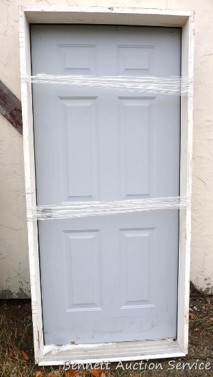 Metal clad door with frame; door is about 36" x 80". Frame is split at seam but could be glued.