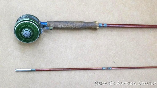 Two piece fly reel has a Silent Shakespeare No 1837 reel. Rod is approx 102" long, eyes look to be