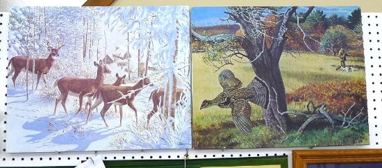 Two canvas paintings showing whitetail deer and a grouse measure approx 20" x 16". See pictures.