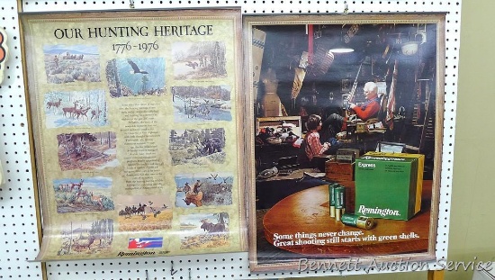 Two vintage Remington posters advertising 'Remington Green Shells' and 'Our Hunting Heritage