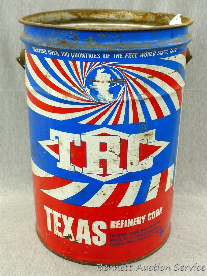 Metal Texas Refinery Corp. bucket is about 11" x 16". Dent noted and top is slightly misshapen, see