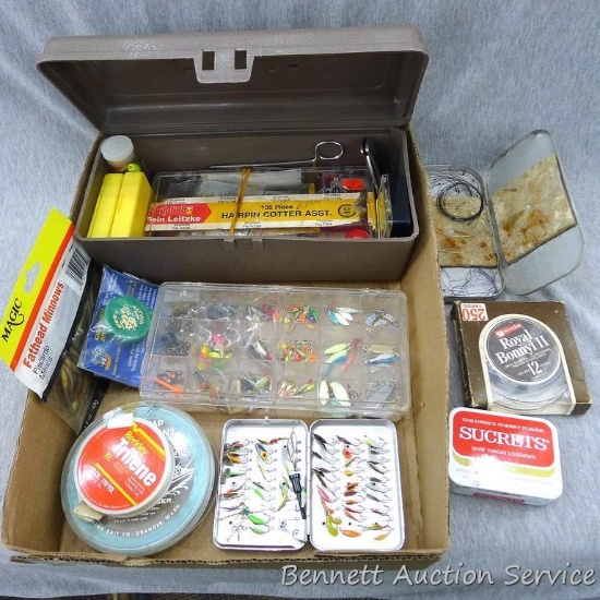 Fishing supplies including baits, fishing line, bobbers, bait boxes, more.