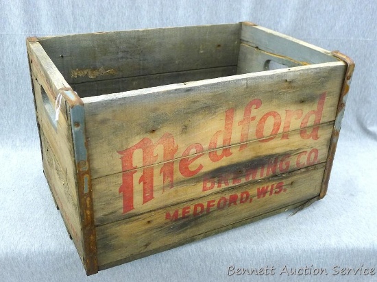 Wooden Medford Brewing Company crate is about 17" x 12" x 10". One piece of wood is cracked, see
