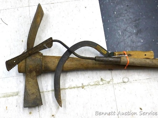 Grub axe; hand scythe; and hand grass trimmer.