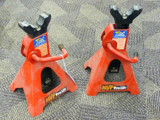 Pair of MVP Pro-Lift 3 ton jack stands are about 6" x 7" x 12" tall.
