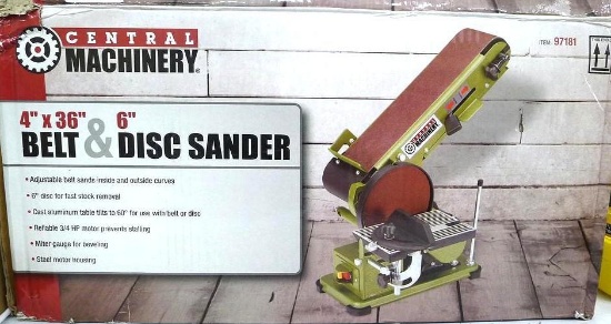Central Machinery belt and disc sander is NIB. Belt is 4" x 36", disc sander is 6".
