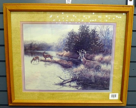 Nicely framed and matted deer print by V. Crocker is 23-1/2" x 18"