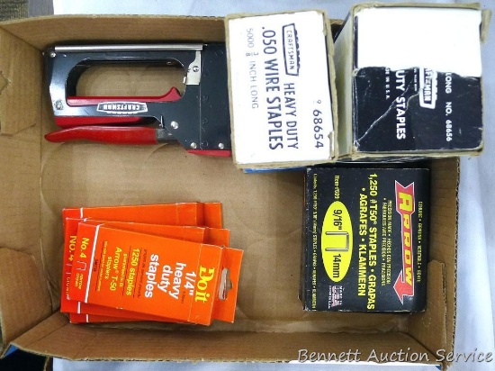 Small Craftsman staple gun and several boxes of staples including wire staples, heavy duty staples,