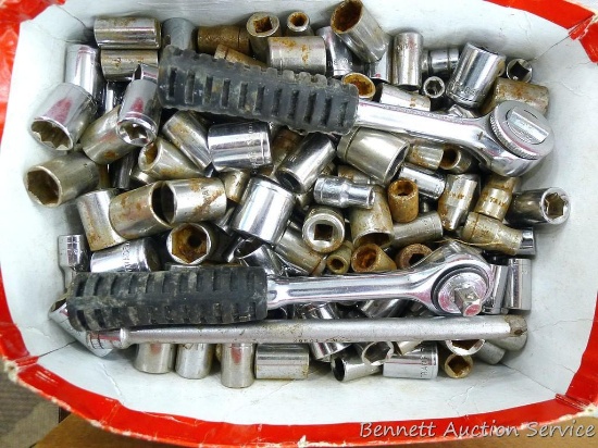 Large collection of 1/4" sockets and two 1/4" ratchets. Also includes a six inch long 1/4"