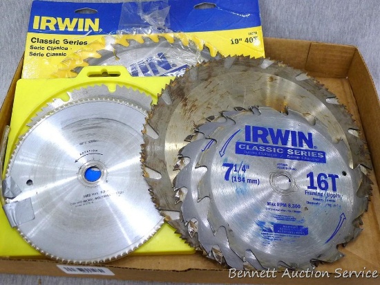 Collection of saw blades includes 7-1/4" and 10" Irwin blades. See pictures.