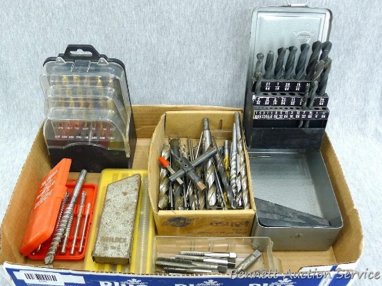 Assortment of metal drill bits, concrete drill bits, and taps; see pictures.