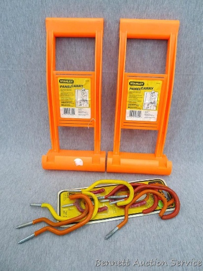 2 Stanley panel carriers; measures 5" x 15". Universal hanging hooks; measure 6-1/2" long.