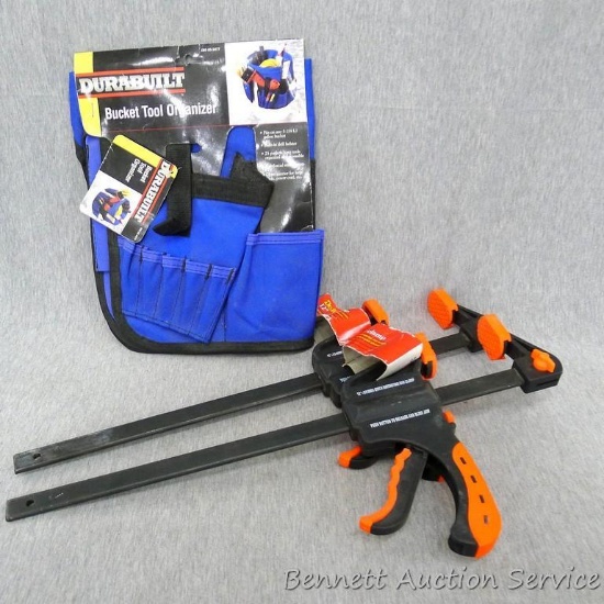 Two 12" Do it Best bar clamps; appears new with tags on them; Durabuilt Bucket tool organizer; also