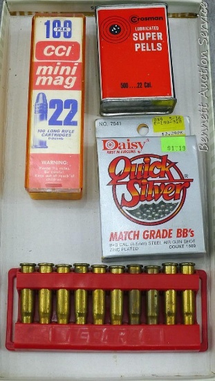 CCI 22 long rifle cartridges, 22 cal pellets, BBs, and ten 30-30 cartridges.