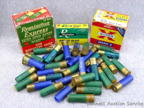 Mixture of 16 gauge shotgun shells includes Peters No 6 shot and Remington Express rifle slugs.