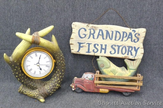 Antler theme desk clock is 9" tall; Grandpa's Fishing Story wall hanging.