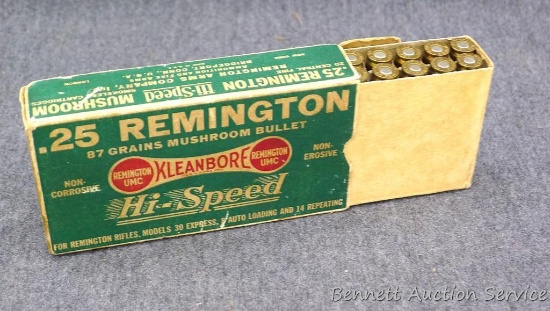 20 rounds Remington Hi-Speed .25 Rem 87 grain cartridges. Dog bone box has one taped flap, but looks