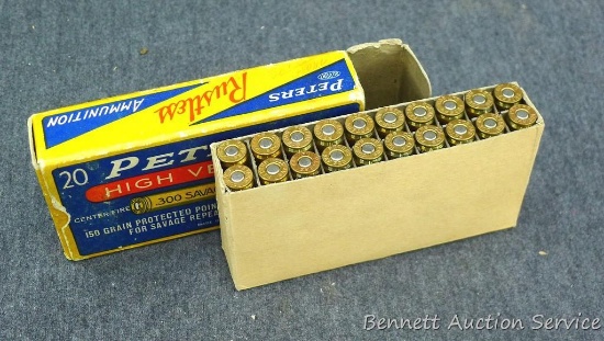 20 rounds Peters High Velocity .300 Savage cartridges, 150 grain. Box is missing ear tabs but still