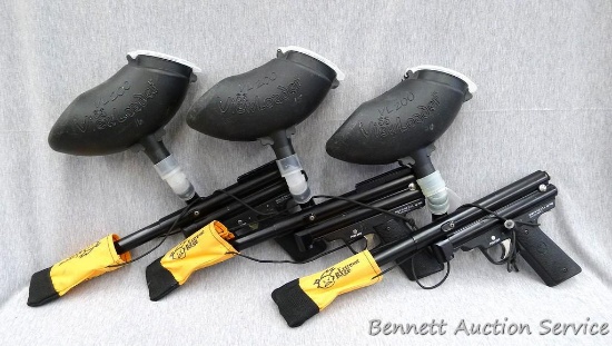 3 PMI paintball pistols with VL200 View Loaders include muzzle protectors, .68 Cal paintballs.