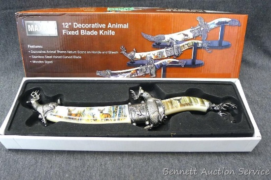 Maxam 12" Decorative Animal fixed blade knife 14" long with wooden stand.