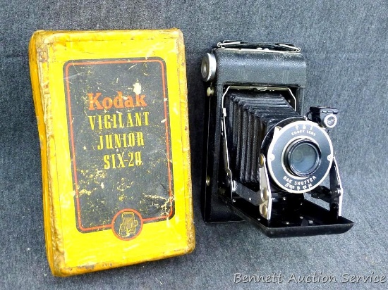 Vintage Kodak Vigilant Junior Six-20 camera is about 6-1/2" x 3-1/2" x 5-1/4" when unfolded. Looks