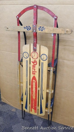 Paris Champion Fastback steel runner sled with original paint and graphics. Nearly four feet long.