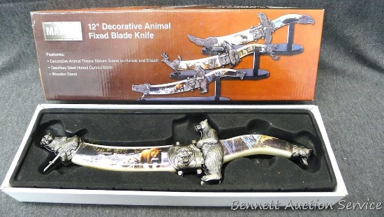 Maxam 12" Decorative Animal fixed blade knife 13" long with wooden stand.