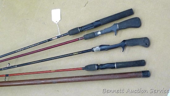 3 Zebco fishing poles, longest is 6'; and Invincible CWX Graphite rod, and collapsible fishing pole