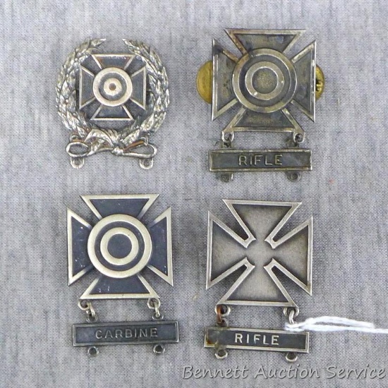 Four US Army Marksmanship Qualification Badges - all marked Sterling. Expert badge is approx 1-1/4"