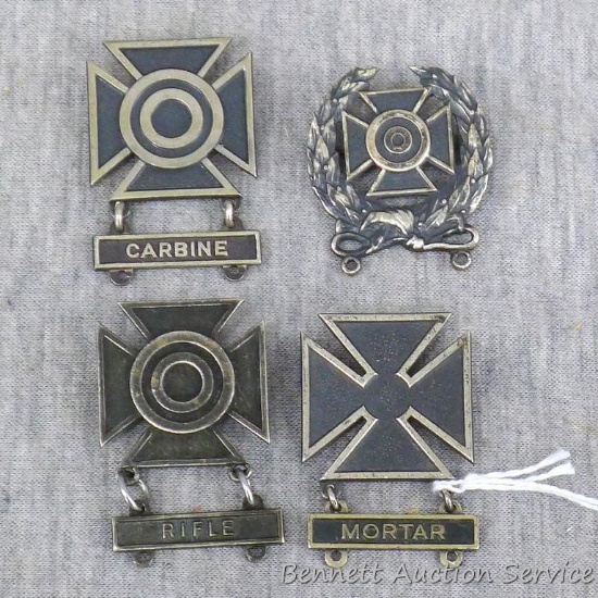 Four US Army Marksmanship Qualification Badges - all marked Sterling. Expert badge is approx 1-1/4"