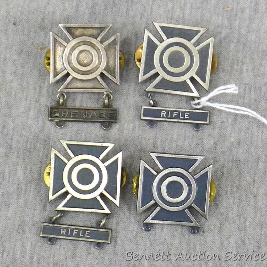Four US Army Marksmanship Qualification Sharpshooter Badges. Two with Rifle clasps, one with Grenade