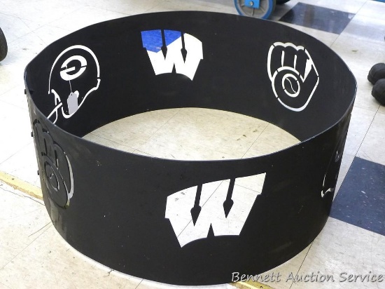 Wisconsin fire ring is 32" x 14". Cut outs for Packers, Brewers, and Badgers.