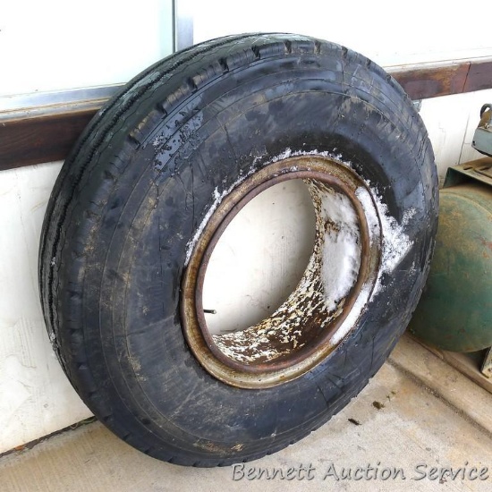 Michelin X regroovable radial tire size 11.00 R 20. Tread is approx 3/8" deep and tire is holding