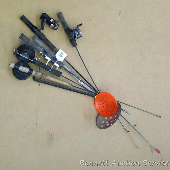 5 Ice fishing poles and 2 ice scoops. Includes Optimax 101 reel.