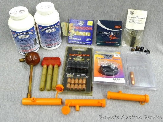 Muzzleloader bullet starter, shotshell primers, inline primers, 50 cal bullets, partial containers