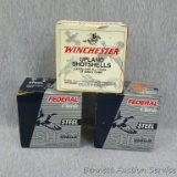 Three boxes of Winchester and Federal 20 gauge shotgun shells. Two are steel shot, see pictures for