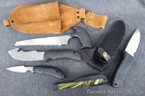 Skinning, saw, and small blade knife set, with nice leather sheath; new. White tails unlimited 10