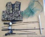 Stearns camo fishing vest size adult XXXL; two 2 piece fishing rods with Zebco reels; fly fishing