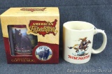 2 coffee mugs incl. Winchester and NIB American Expedition stainless steel with black bear.