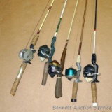 Five fishing rods and reels include Zebco and St. Croix rods. Four of the rods are 2-piece. Zebco