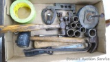 Claw hammer, ball peen hammer, rubber mallet, crow bar, a few 12 point sockets from 3/4