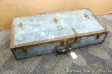 Antique carp enterer's chest has a saw holder and moving tool holder. Galvanized clad chest is about