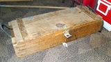 Wooden storage box has rope handles and is about 33