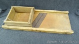 Tee-Dee wooden kraut cutter is marked 672-W and T&D MFG Co. INDPLS, USA. Measures about 2' x 9