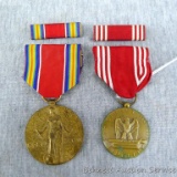 Two WWII metals with ribbon and bar pins. Red and white ribboned metal is marked 'Efficiency Honor